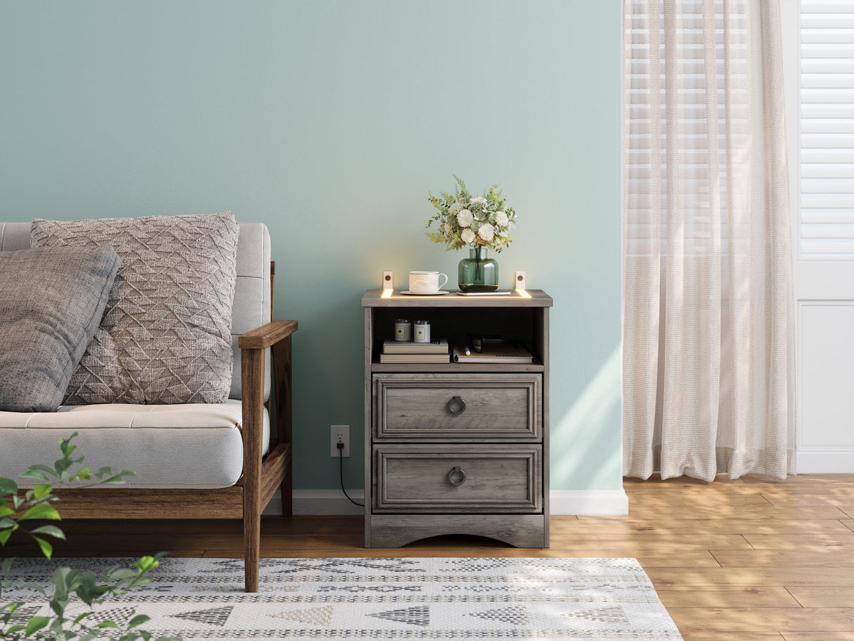 Nightstand with Strip Lights Set of 2, Night Stand with Drawers, Accent Bed Side Table and End Table with Open Storage for Bedroom, Living Room,Gray LGHM