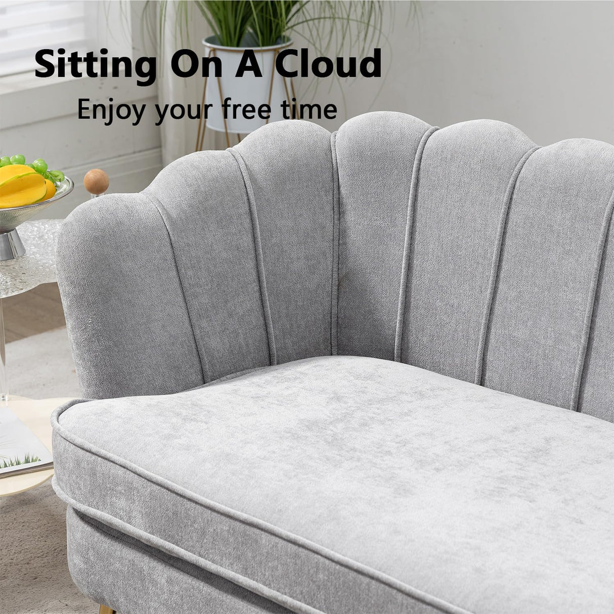 Anwick 59" Small Modern Chenille Loveseat Sofa, 2-Seater Sofa with Gold Metal Legs, Small Couch with Flower Shaped Back for Living Room Bedroom Office (Light Gray) Anwick