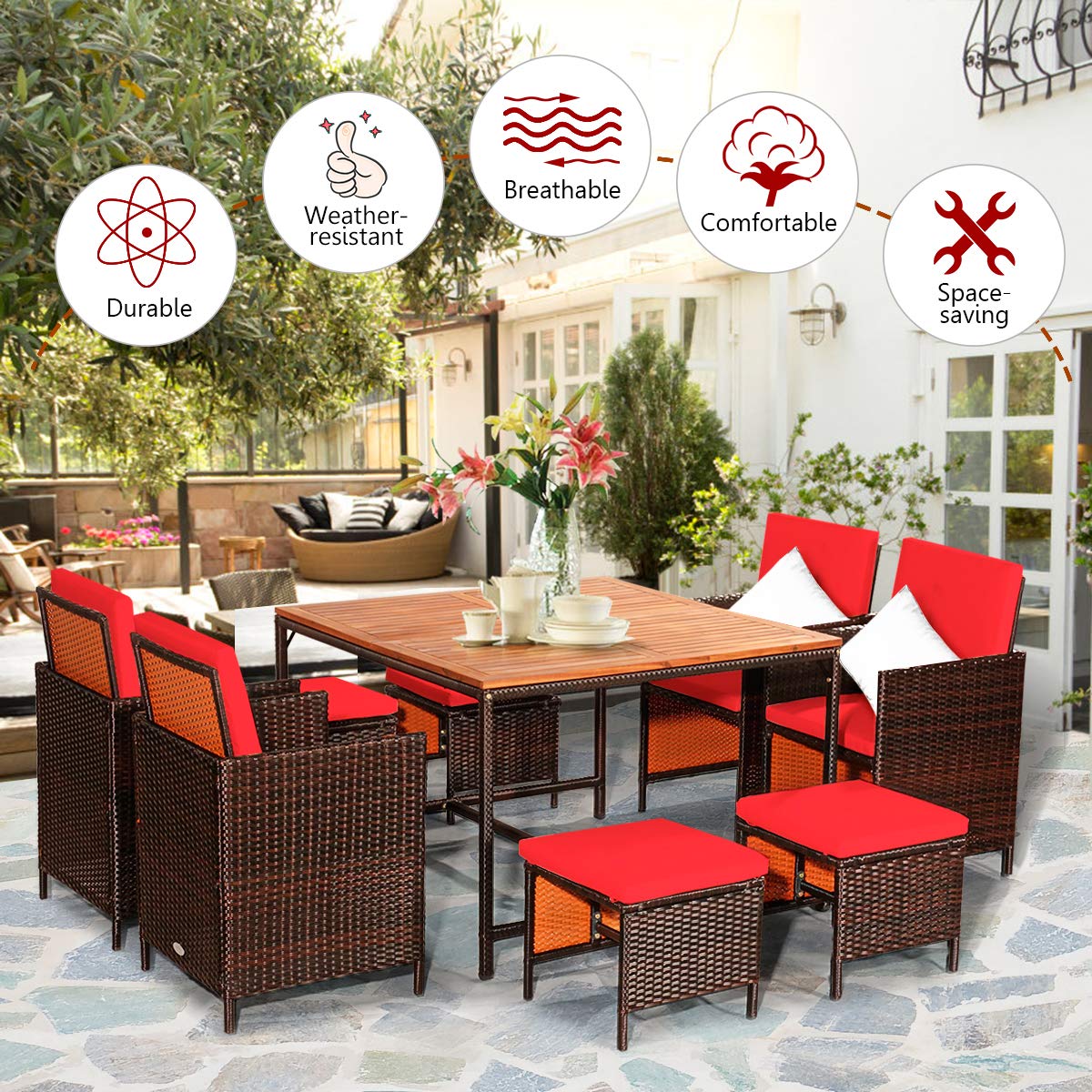 COSTWAY 9PCS Patio Rattan Dining Set Cushioned Chairs Ottoman Wood Table Top Red