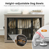 Gardner Pet Dog Crate Furniture for Medium Dogs, 32.7 Inch Dog Kennel Indoor, Wooden Dog Cage End Table with 2 Removable Bowls, Heavy Duty Dog Crate, Rustic Grey Gardner Pet