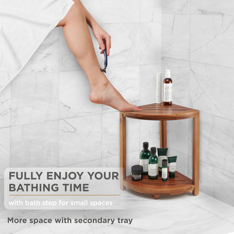 HOLANA 18" Wood Corner Shower Bench & Corner Shower Stool with Storage Shelf - Footrest for Shaving Legs - Bath Step for Small Spaces - Perfect for Indoor or Outdoor (Acacia, 12x12x18) HOLANA