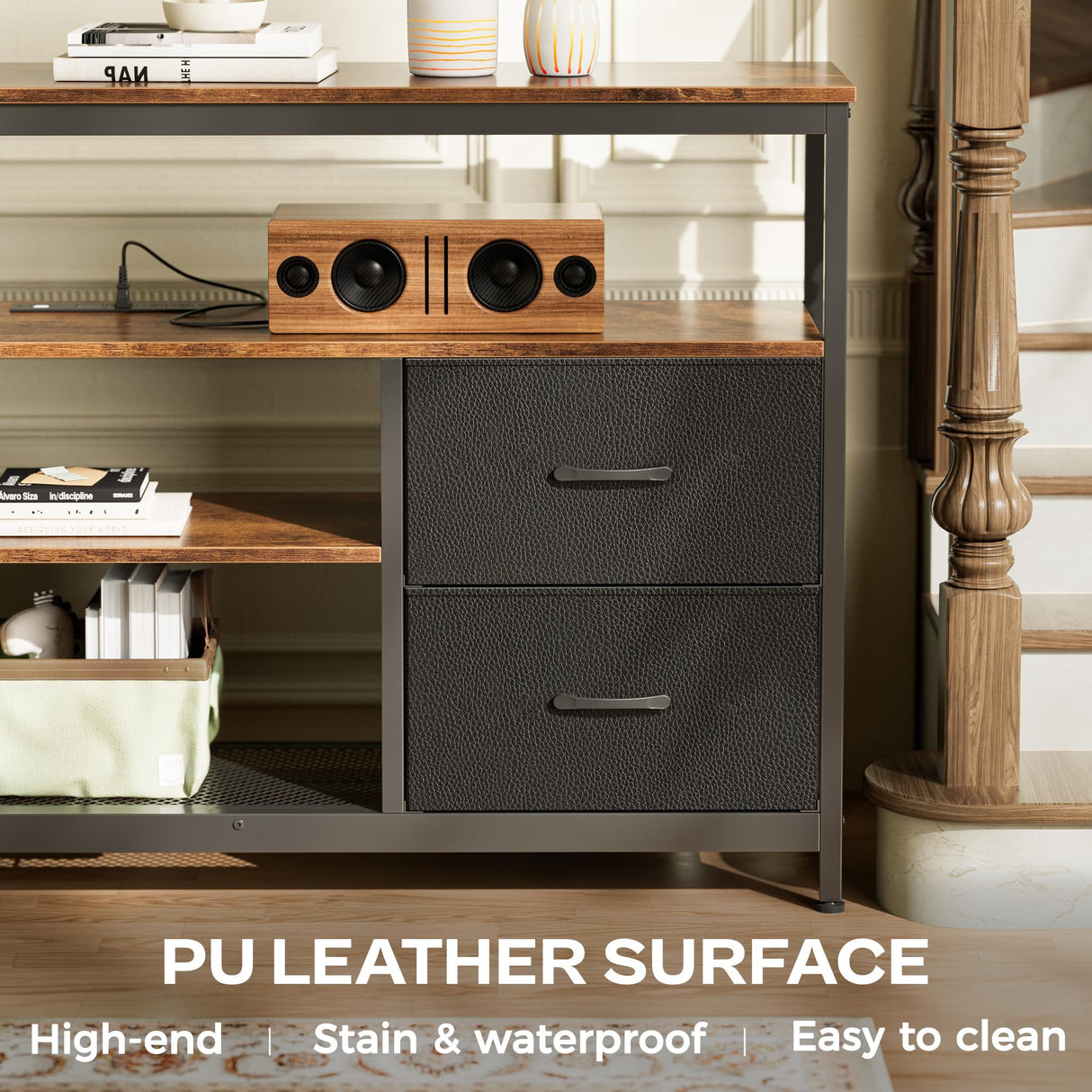 Huuger TV Stand Dresser with Power Outlets and LED Lights, 4 Drawers Entertainment Center with Shelves, 54 Inch Media Console for 55 60 Inch TV, PU Finish, Rustic Brown and Black Huuger