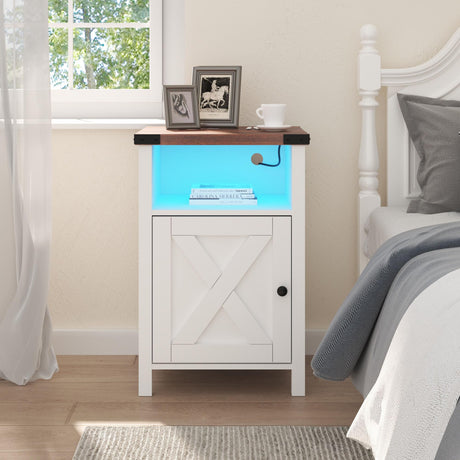 Hlivelood Farmhouse LED Nightstand Set of 2 with Charging Station, Rustic End Table with Barn Door & Storage Shelf, Bedside Table for Bedroom, Living Room, White Hlivelood