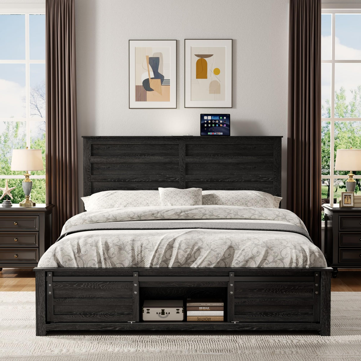 madeslves Wooden Bed Frame Queen Size with Headboard & Sliding Barn Door Storage Footboard, Farmhouse Platform Bedframe with Charging Station & Lights, No Box Spring Needed, Black madeslves