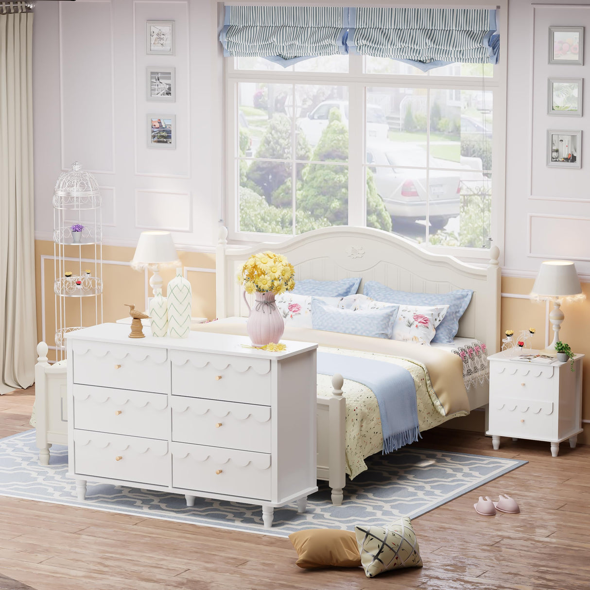 Anbuy 3 Pcs Bedroom Sets, Scalloped 6 Drawer Dresser and Night Stand Sets for Bedroom, Two Drawers Nightstand Set of 2 & 6 Drawer Dresser Combo 3 Pieces (White)