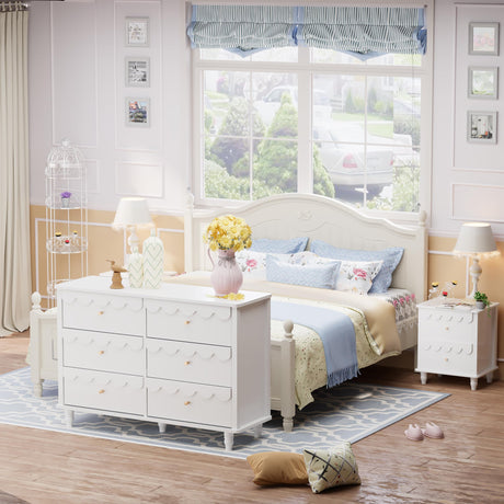 Anbuy 3 Pcs Bedroom Sets, Scalloped 6 Drawer Dresser and Night Stand Sets for Bedroom, Two Drawers Nightstand Set of 2 & 6 Drawer Dresser Combo 3 Pieces (White) Anbuy