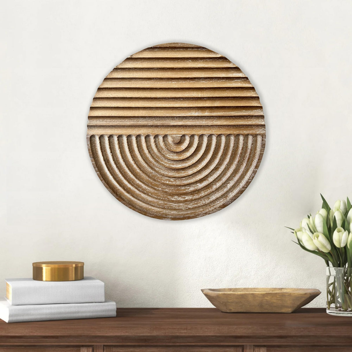 Musanpou Hand-carved Wood Wall Decor featuring Artistic Round Design for Farmhouse and Country-style Interiors | Wall Art Decoration | 11.8 inches x 11.8 inches (Natural) Musanpou