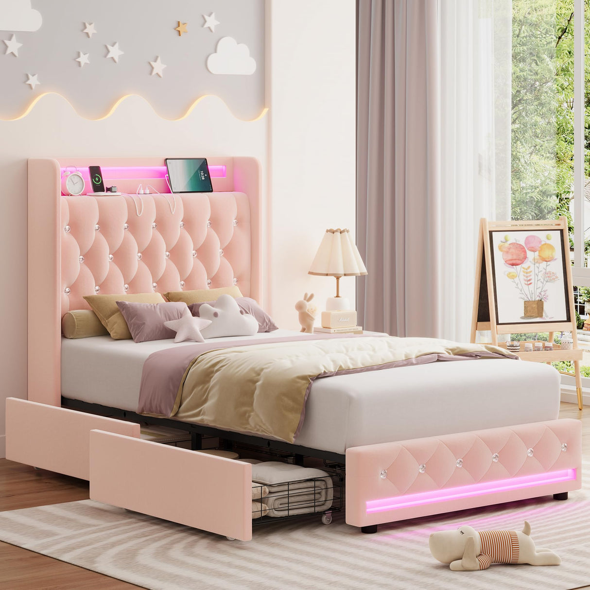 HIFIT Upholstered Twin LED Bed Frame with Charging Station Headboard & 4 Storage Drawers, Velvet Crystal Button-Tufted Princess Twin Size Platform Bed Frames for Kids/Girls, No Box Spring Needed, Pink HIFIT