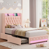 HIFIT Upholstered Twin LED Bed Frame with Charging Station Headboard & 4 Storage Drawers, Velvet Crystal Button-Tufted Princess Twin Size Platform Bed Frames for Kids/Girls, No Box Spring Needed, Pink HIFIT