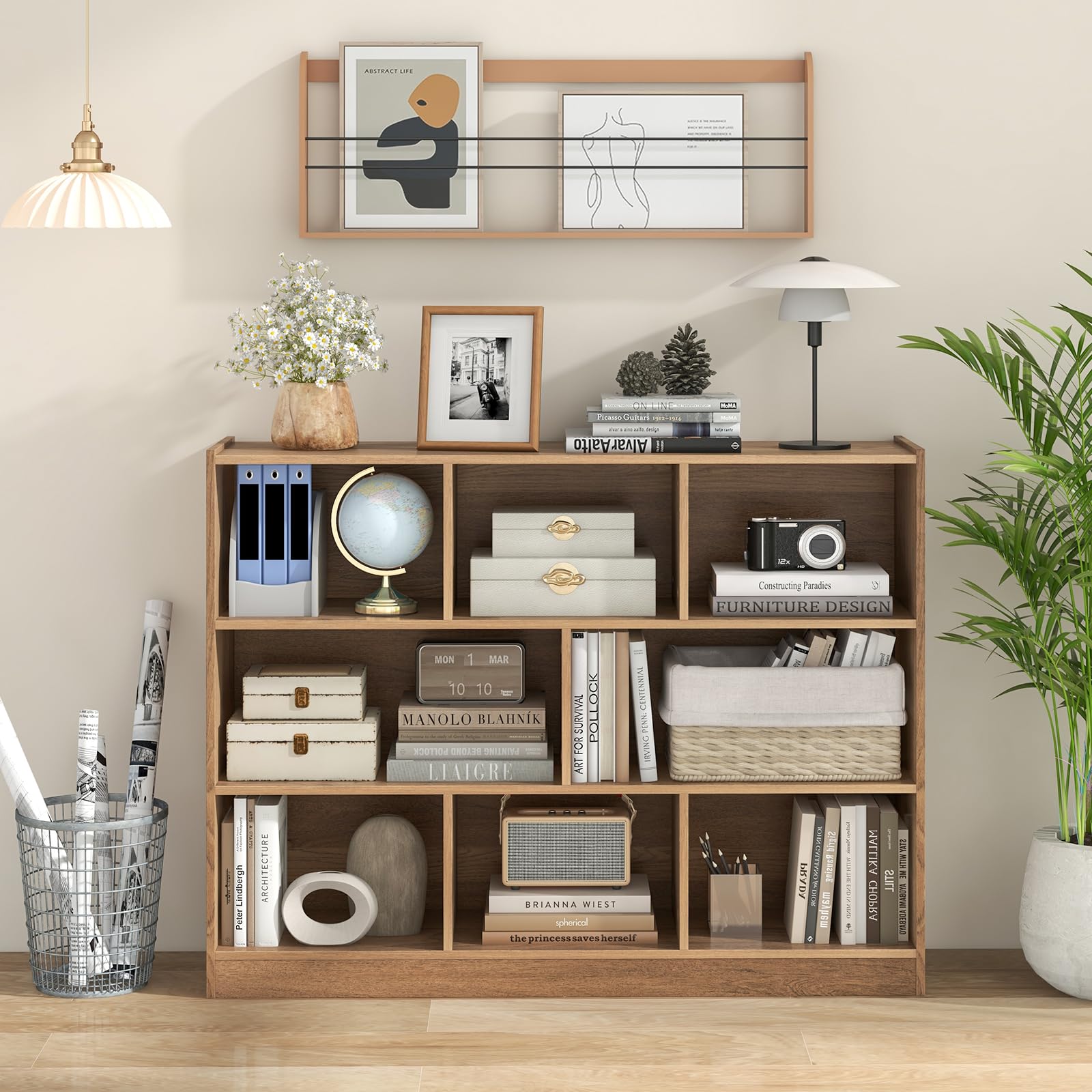 Tangkula Natural 8-Cube Wood Bookcase - Modern 3-Tier Open Storage Shelf for Stylish Organisation - WoodArtSupply