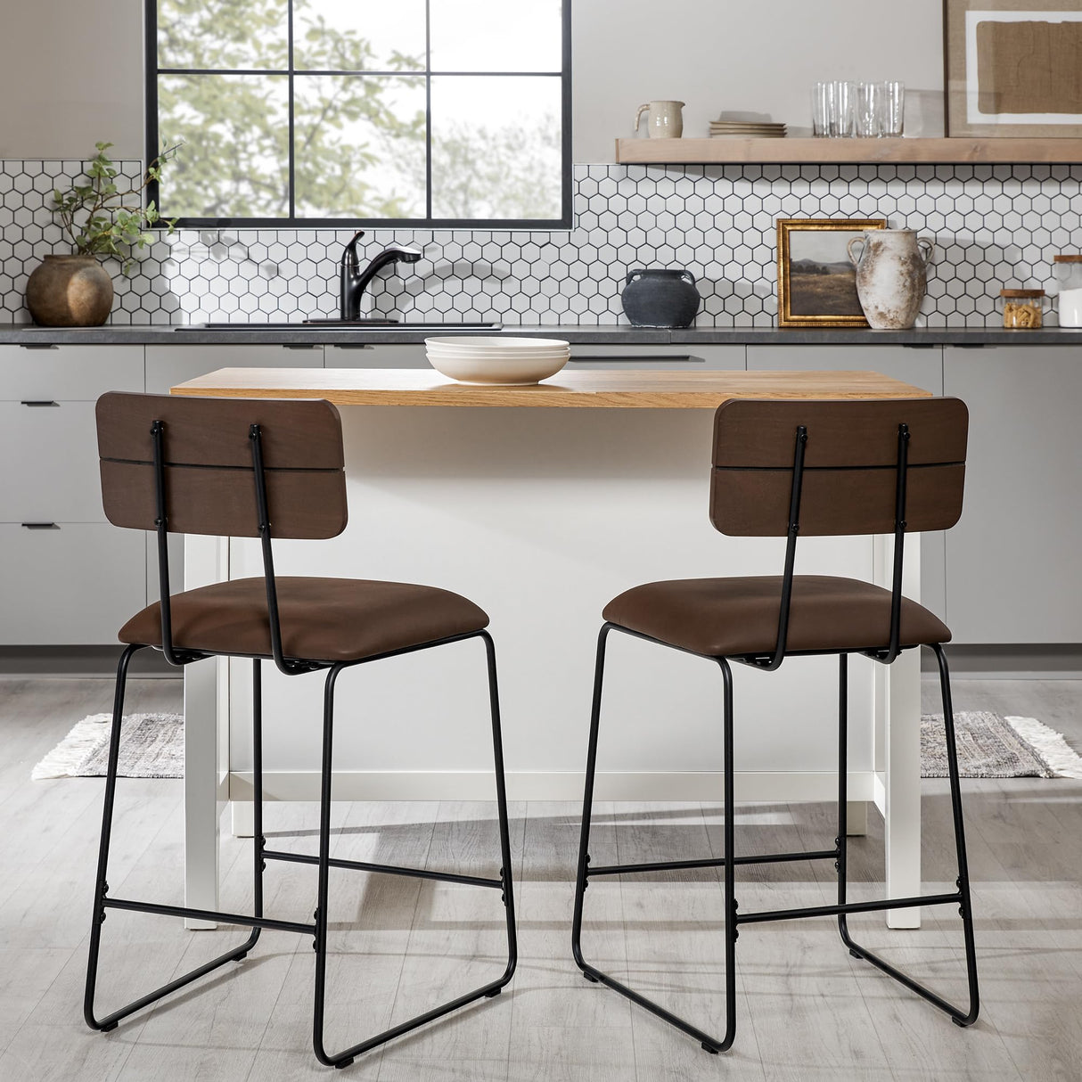 Walker Edison Modern 2-Piece Minimalist Counter Stools with Wooden Back, Set of 2, Brown Walker Edison