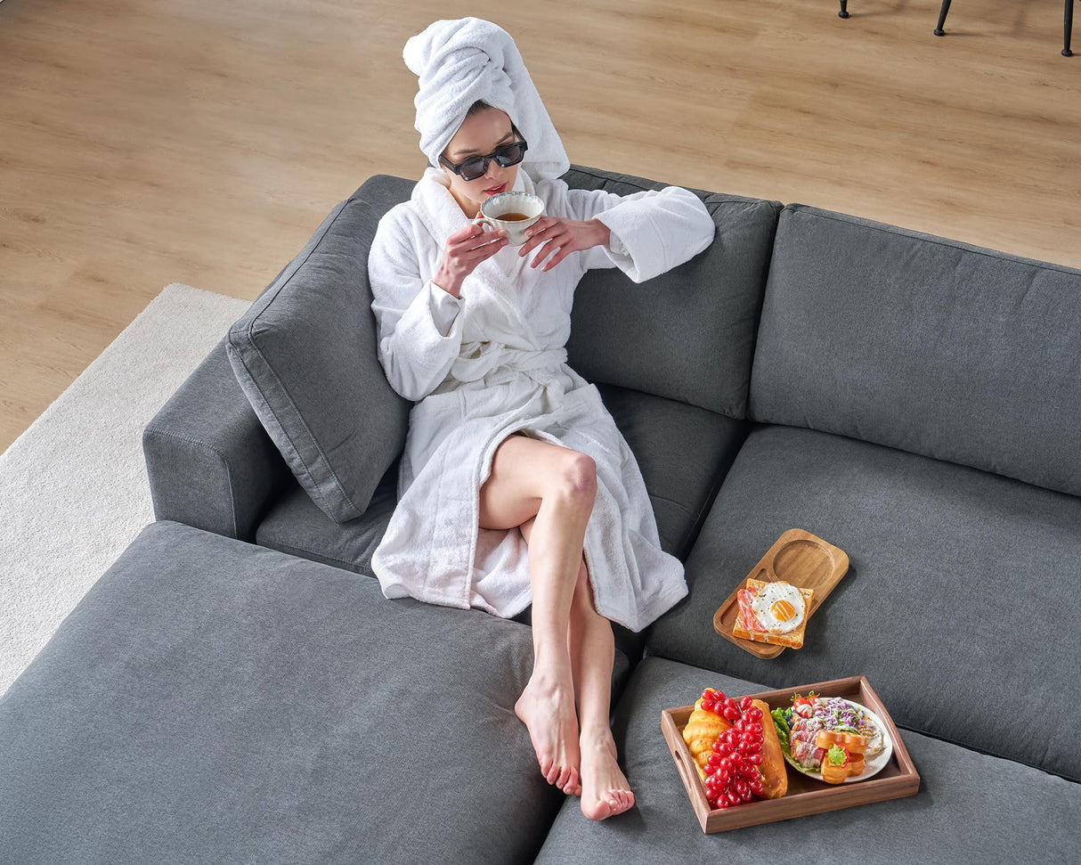 PaPaJet Modular Sectional Sofa, 114 Inches Oversized Down Filled Sectional Sofa, 4 Seats L Shaped Cloud Couch with Chaise, Ottoman, Comfy Sofa for Living Room, Grey Linen Couch Set PaPaJet