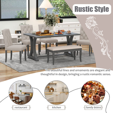 Farmhouse Dining Table Set for 6, Kitchen Table Set with Chairs and Bench, 6 Piece Solid Wood Dining Room Set with Trestle Table Legs for Kitchen, Dining Room (Antique Grey) Mirightone
