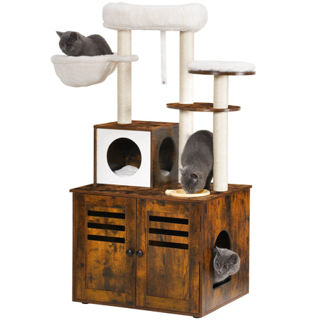 Heybly Cat Tree, Wood Litter Box Enclosure with Food Station, All-in-one Indoor Cat Furniture with Large Platform and Condo, Modern Style Cat Tower, Hammock, Rustic Brown HCT100SR Heybly