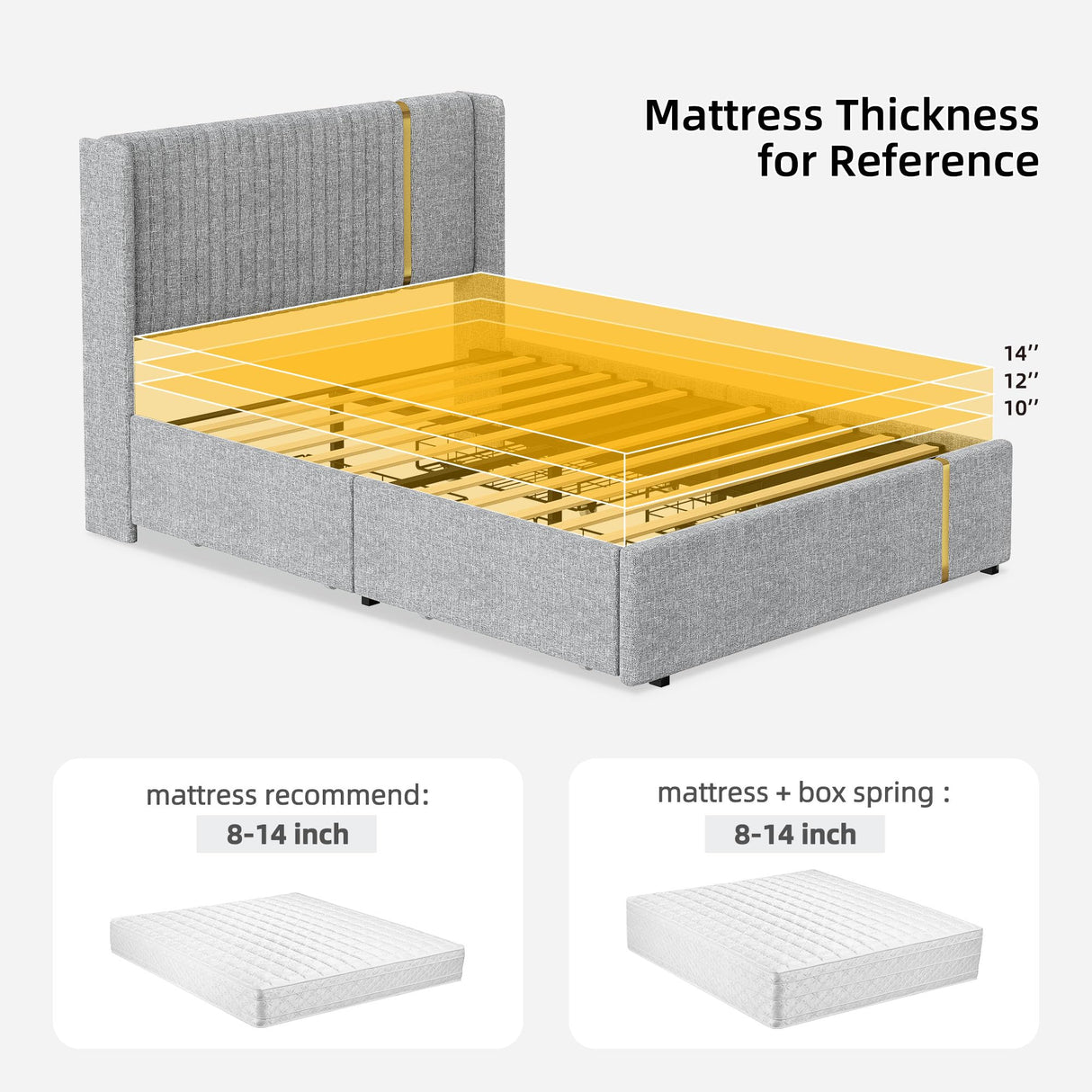 YITAHOME Modern Upholstered Full Size Bed Frame with Storage Drawers and Elegant Wingback Headboard in Grey and Gold YITAHOME