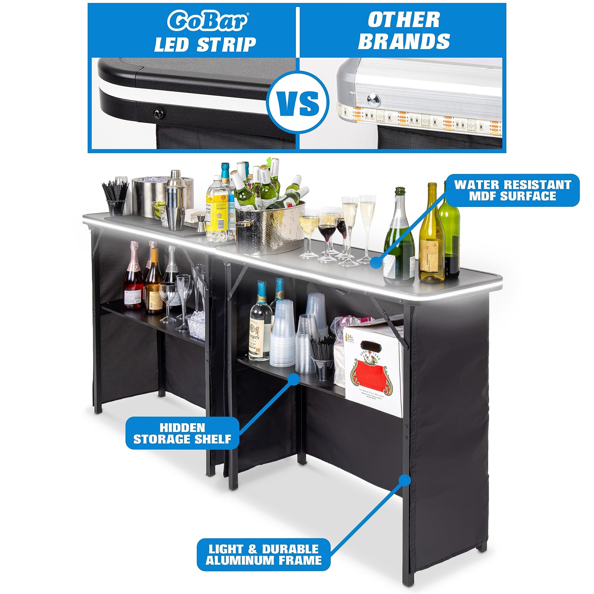 GoPong Double LED Bar Table Set with Carrying Case - Mobile Bartender Station for Events - WoodArtSupply