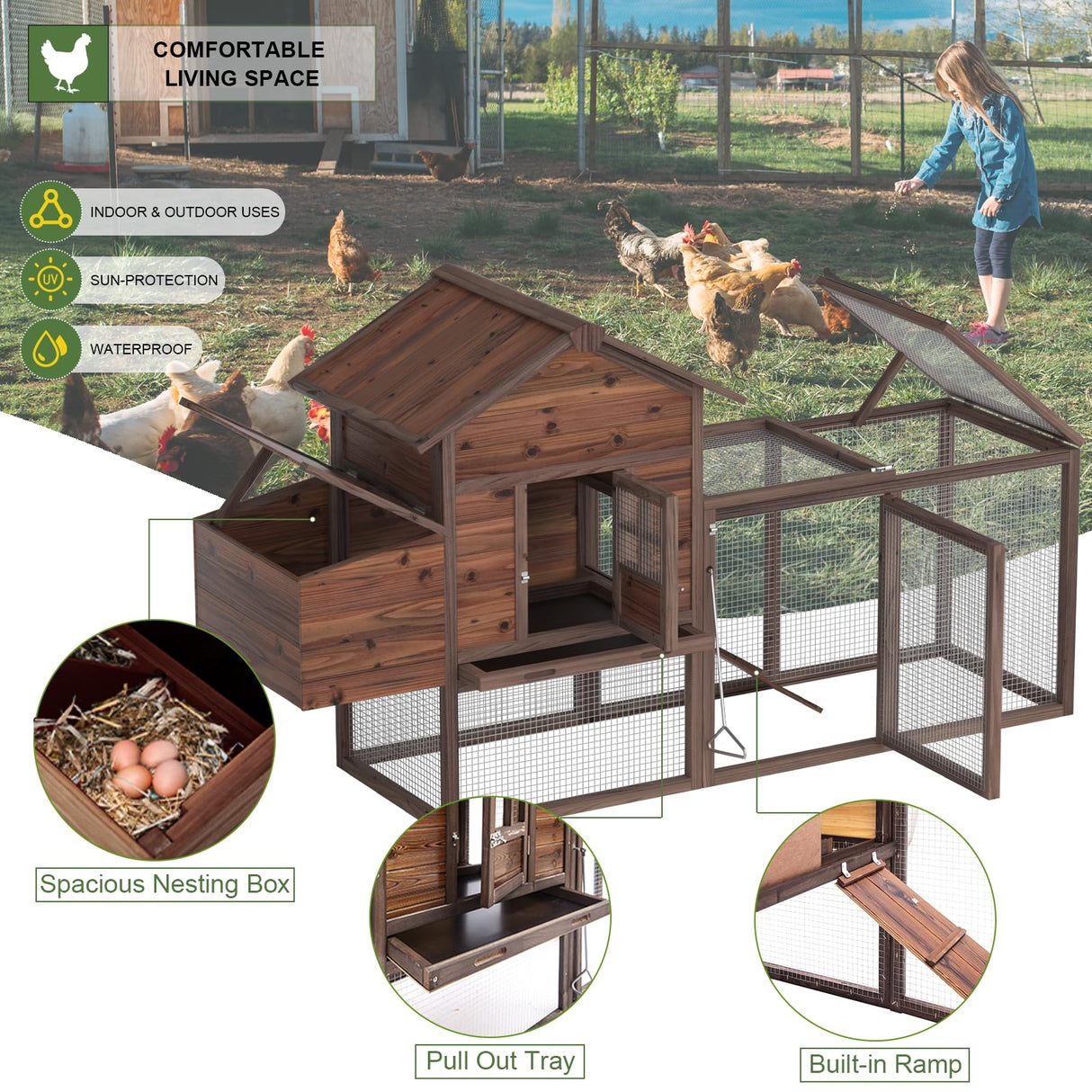 Wooden Chicken Coop Large Walk-in Outdoor Hen House with Nesting Box and Run,Poultry Cage Rabbit Hutch Waterproof UV Panel Cover for 2-4 Chickens 80''H Deep Brown #821 (80.75" L x 22" W x 44.5" H) Grezone