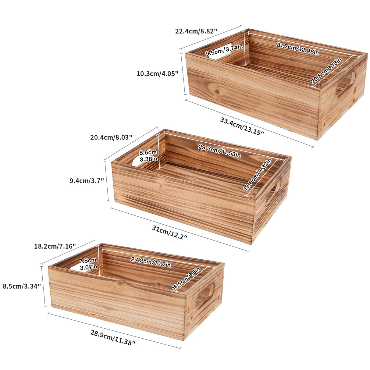 PHOENANCEE Wood Crates For Display,Rustic Crate Storage Decorative Boxes Set of 3,Wooden Nesting Box with Handles Farmhouse Container Basket Bin Home Decoration with Natural Wood Aroma,L+M+S PHOENANCEE