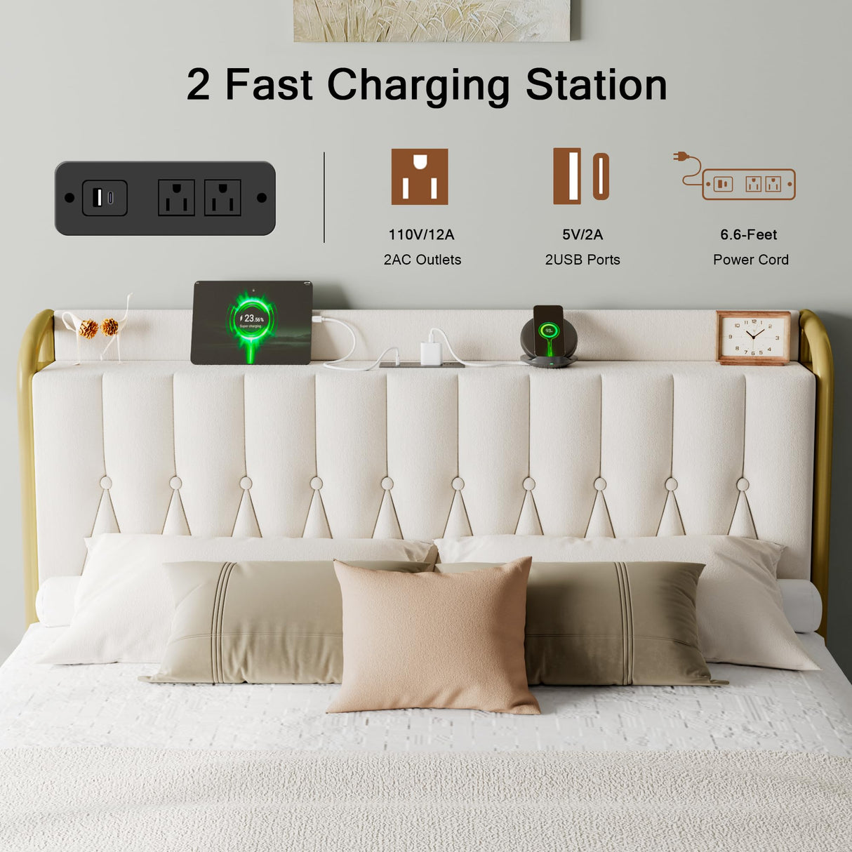 Einhomn Full Size Velvet Bed Frame with Charging Station, Platform Bed with Upholstered Storage Headboard & Footboard, 12" Underbed Space, Noise-Free, Easy Assembly, No Box Spring Needed, Beige Einhomn