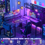 Aheaplus Small L Shaped Gaming Desk with LED Lights & Power Outlets, Reversible L-Shaped Computer Desk with Monitor Stand & Storage Shelf, Corner Desks Home Office Desk with Storage Bag, Grey Oak Aheaplus