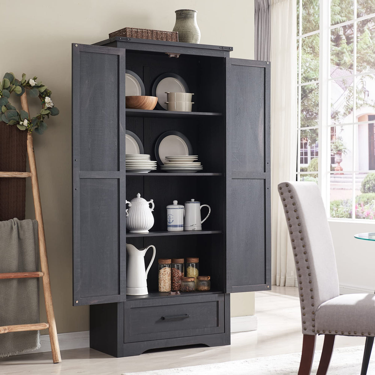 JXQTLINGMU 72" Tall Farmhouse Kitchen Pantry with Adjustable Shelves, Large Wood Storage Cabinet with Drawer & 2 Barn Doors, Versatile Storage for Dining Room, Bathroom, Living Room, Black JXQTLINGMU