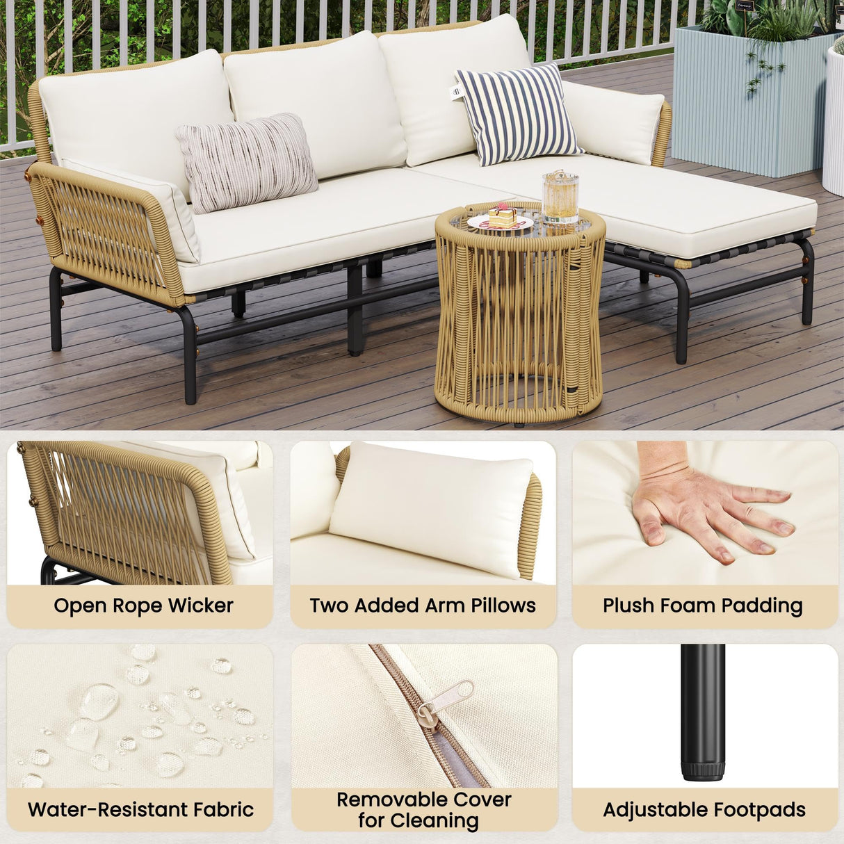 Yaheetech 3 Pieces L-Shaped Conversation Sofa Set, Outdoor Patio Furniture Set w/Detachable Lounger, Thick Cushions, Glass Side Table for Patio, Backyard, Porch, Garden Yaheetech