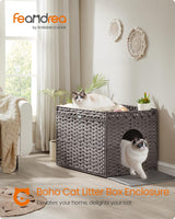 Feandrea Cat Litter Box Enclosure, Handwoven Rattan Hidden Litter Box Furniture with Extra Litter Mat, Removable Washable Tray, Boho Cat House, End Table, Dove Gray UPCL014G01 Feandrea