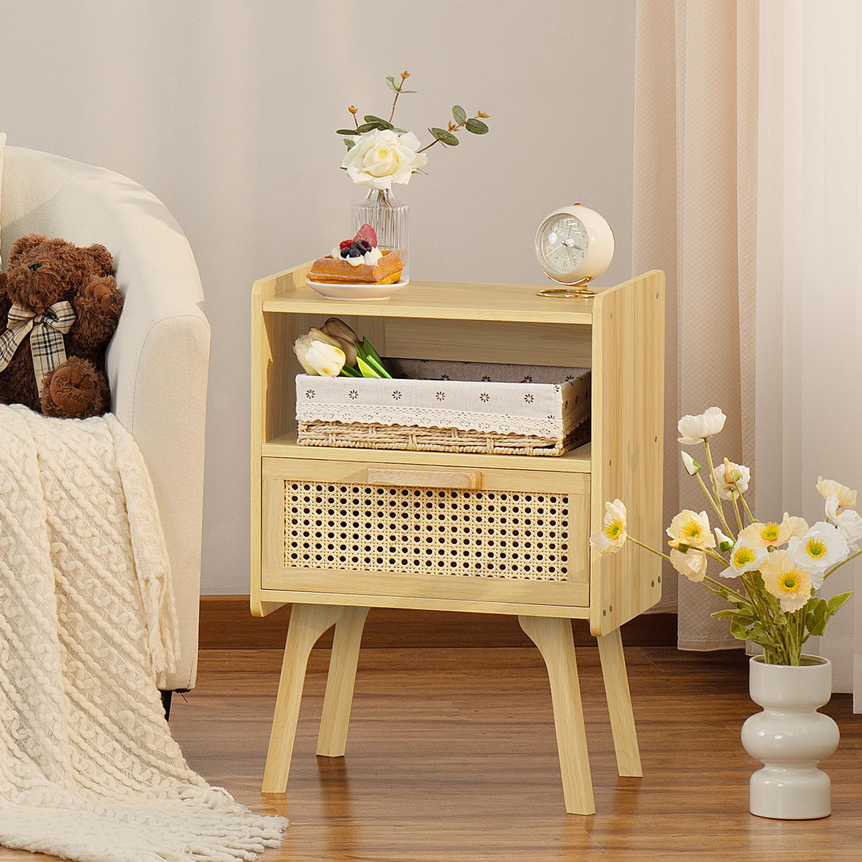 Lerliuo Rattan Nightstand, Boho Night Stand with Handmade Natural Rattan Drawer and Open Shelf, Cane Accent Side Table, End Tables with Solid Wood Legs for Bedroom, Dorm and Small Spaces Lerliuo
