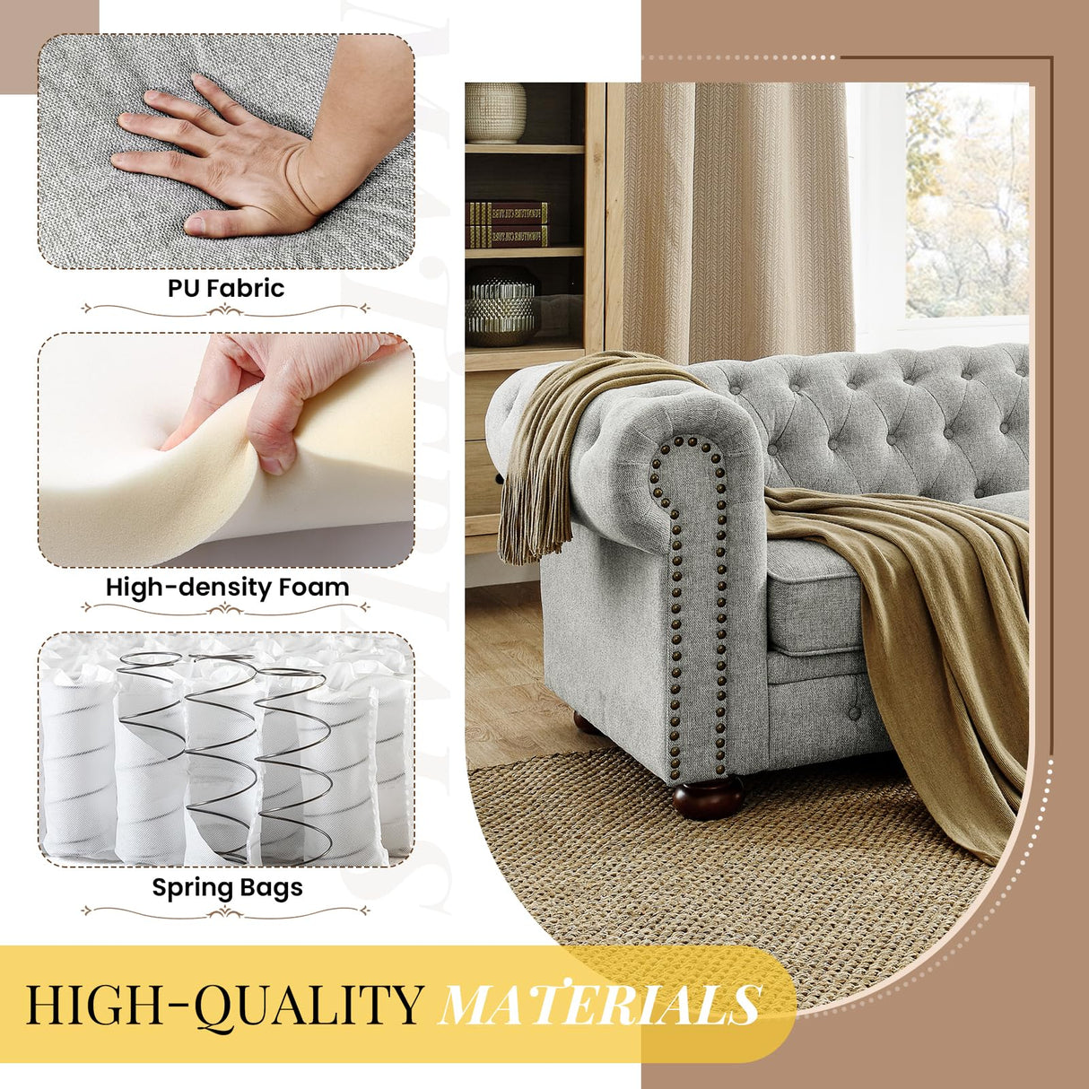 88.5''W Linen Chesterfield Sofa, Mid Century Modern Couch with Button Tufted & Rolled Armrests, Comfy 3-Seater Deep Seat Sofa with Nailhead Trim & Gourd Legs for Living Room, Apartment(Light Grey) JEEOHEY