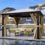 YITAHOME 10x12ft Hardtop Gazebo with Nettings and Curtains, Heavy Duty Galvanized Steel Outdoor Vertical Stripes Roof for Patio, Backyard, Deck, Lawns, Brown YITAHOME