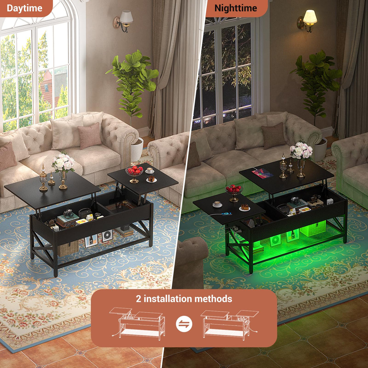 Besiost Coffee Table, Lift Top Coffee Table with Storage, LED Light & Power Outlet and Hidden Compartment, Retro Center Table for Living Room, X Support Wood Tabletop, Metal Frame,Black Besiost