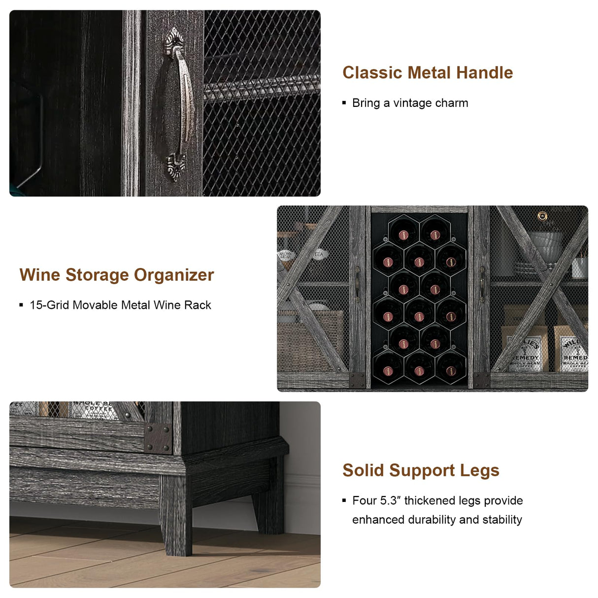 Wine Cabinet, Coffee Bar Cabinet with Storage, 54" Liquor Cabinet Bar for Home, Wine Bar Cabinet with Glass Rack, Drawer and LED Lights, Farmhouse Buffet Sideboard for Dining Room, Kitchen, Grey JOINICE