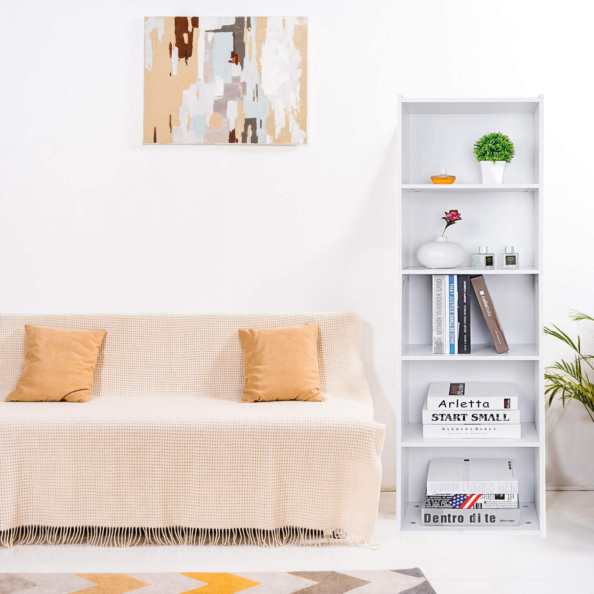 Nouva 5-Tier Bookcase, Freestanding Wood Open Bookshelf Storage Rack for CDs Movies Books, Book Organizer Shelves for Bedroom Living Room Study Office,White Nouva