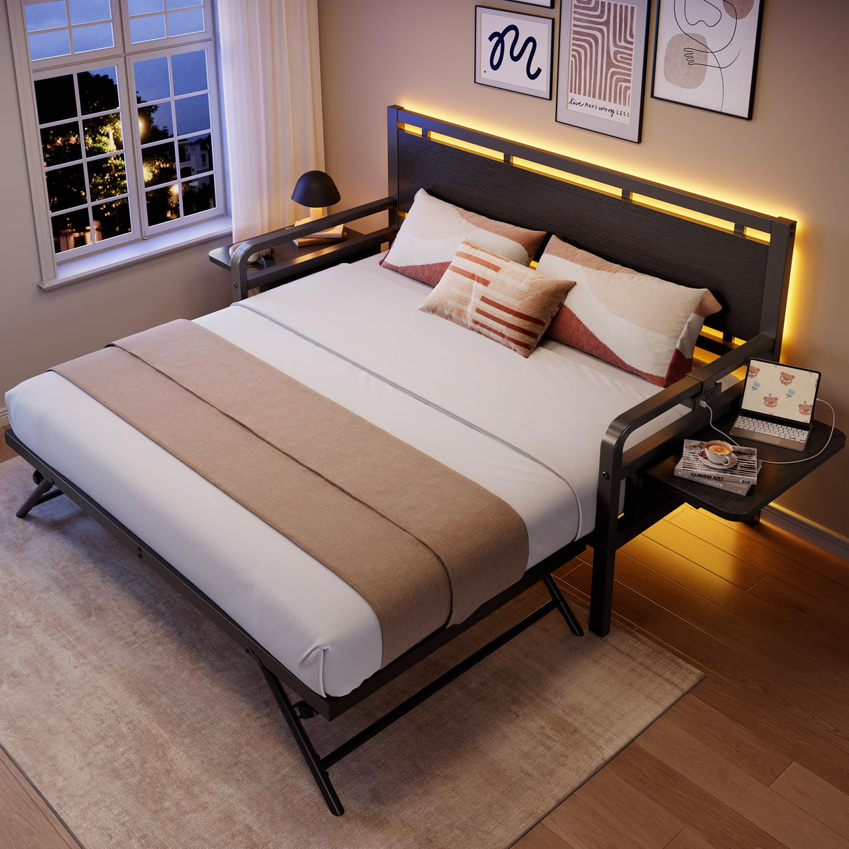 Jocoevol Daybed with Trundle and LED Light, Heavy Duty Metal Twin Bed Frame with Movable Charging Station, Day Bed Pop Up Trundle Bed Twin for Living Room, Bedroom and Guest Room, Black Jocoevol
