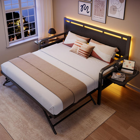 Jocoevol Daybed with Trundle and LED Light, Heavy Duty Metal Twin Bed Frame with Movable Charging Station, Day Bed Pop Up Trundle Bed Twin for Living Room, Bedroom and Guest Room, Black Jocoevol