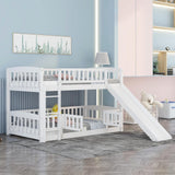 Bellemave Bunk Bed Twin Over Twin with Slide and Stairs, Twin Bunk Bed for Kids, Girls, Boys, Floor Bunk beds with Fence and Door, White Bellemave