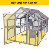Aivituvin Cat Run Large Cat Enclosure Wooden Cat Catio Outdoor Kitty House with Bridges, Walks, Small Houses, Roof Cover 110 Inch Aivituvin