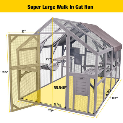 Aivituvin Cat Run Large Cat Enclosure Wooden Cat Catio Outdoor Kitty House with Bridges, Walks, Small Houses, Roof Cover 110 Inch