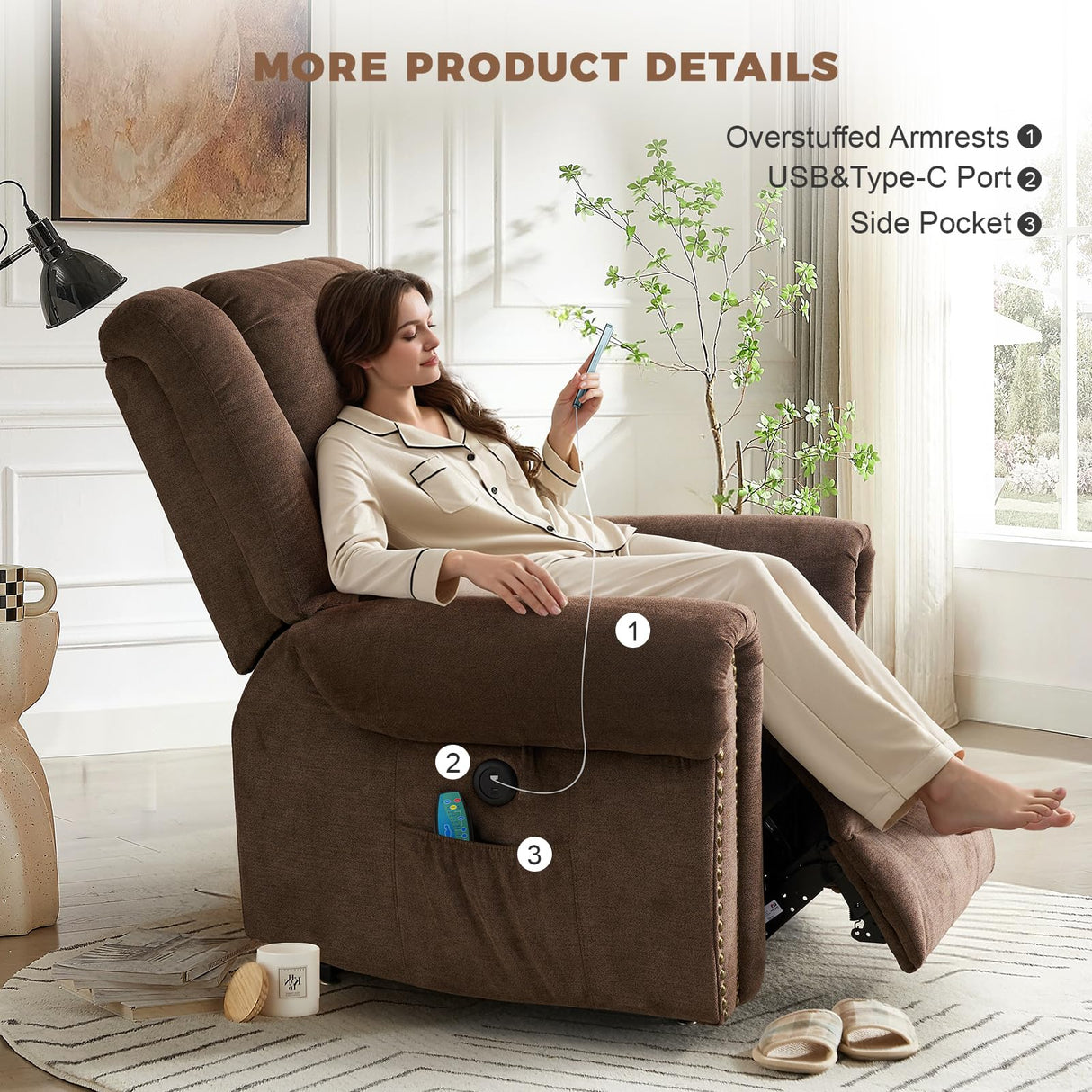 HUSFU Dual Motor Lay Flat Power Lift Recliner Chair for Elderly with Heat and Massage, Infinite Position Large Recliner Chairs w/USB Ports and Remote Control,Chenille,Brown HUSFU
