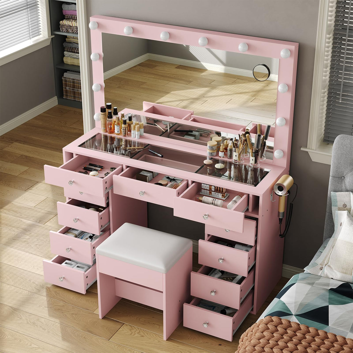 FUSOU Vanity Desk with Power Outlet, Makeup Vanity with Mirror and 12 LED Lights, 3 Lighting Modes, 11 Drawers Vanity Table with Chair, Glass Top, Vanity Set for Bedroom, Pink FUSOU