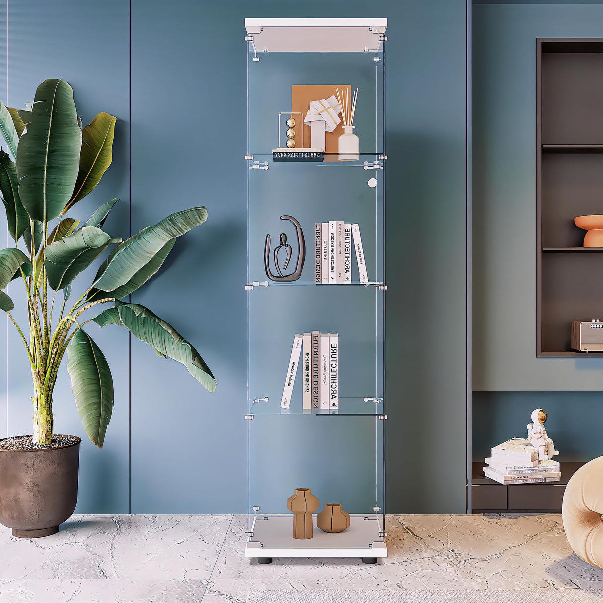 Beauty4U Glass Display Cabinet with 4 Shelves, Curio Cabinets for Living Room, Bedroom, Office, White Floor Standing Glass Bookshelf, Quick Installation Beauty4U