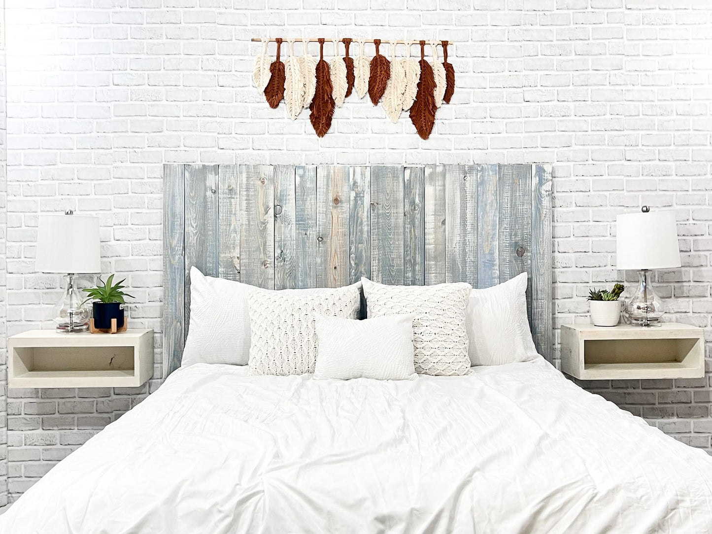 Barn Walls Blue Powderwash Headboard, Farmhouse Design, Wood Headboard, Wash Finish, Floating Panels, Wall Mount, Adjustable Height, Queen Size - WoodArtSupply