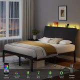 Feonase Full Size Bed Frame with Ergonomic Storage Headboard & Charging Station, LED Platform Bed Frame, Heavy Duty Metal Slats, No Box Spring Needed, Easy Assembly, Black Feonase