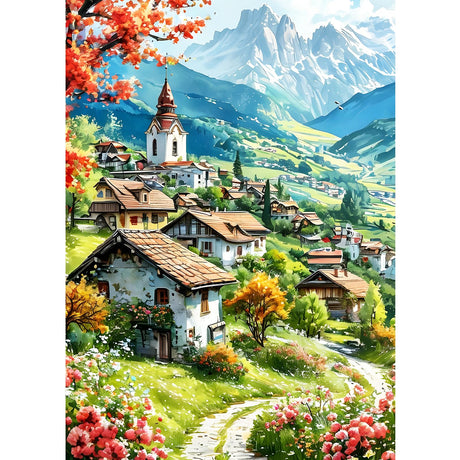 GDYEEH DIY Country Cottages 5D Diamond Art Kits, Round Full Drill Sparkling Mountain Diamond Painting Picture, Landscape Painting by Numbers Art Kits for Adults Beginners Home Wall Decor 12x16 inch GDYEEH