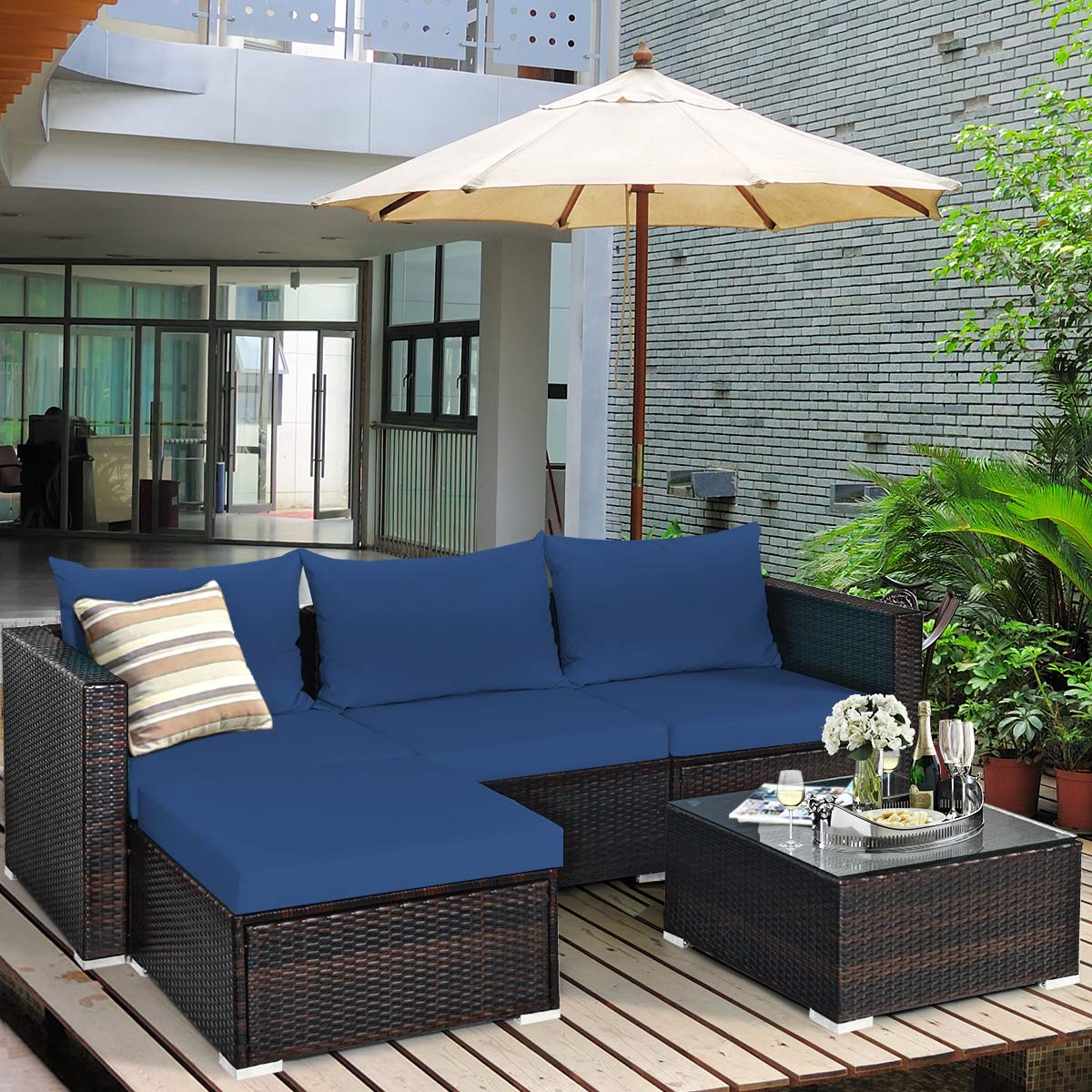 COSTWAY 5PCS Patio Rattan Furniture Set Sectional Conversation Sofa w/Coffee Table Navy - WoodArtSupply