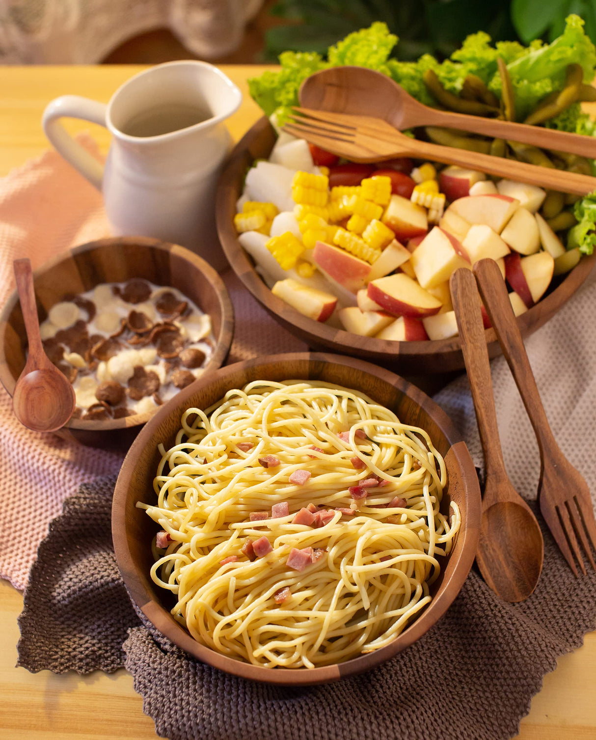 BestySuperStore Nesting Round Wood Bowls Mix Size 9½”, 8½”, 7” Stackable Acacia Wooden Bowl Set with Spoons and Forks for salad dip sauce snack rice pasta soup fruit cereal Tableware Nested Dish Sets BestySuperStore