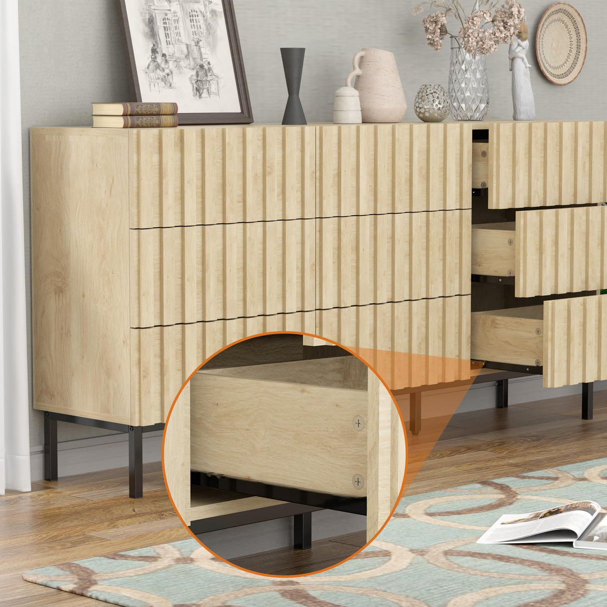 UEV 59" Long Fluted Dresser for Bedroom, Mid Century Wooden 9 Drawer Dresser, Accent Modern Chest of Drawers TV Stand for Bedroom, Hallway (Ivory White) UEV