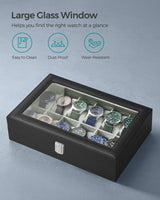 SONGMICS Watch Box, 12-Slot Watch Case with Large Glass Lid, Removable Watch Pillows, Watch Box Organizer, Gift for Loved Ones, Black Synthetic Leather, Gray Lining UJWB12BK SONGMICS