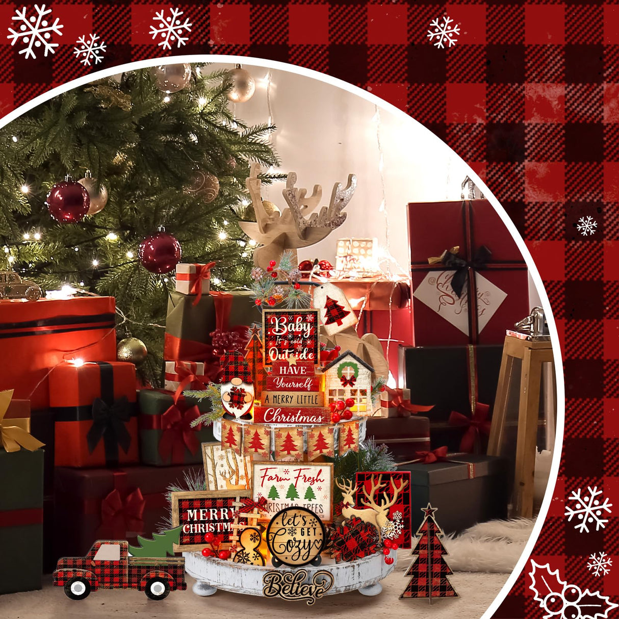 Shellwei 24 Pcs Christmas Tiered Tray Decor Wood Rustic Christmas Decoration for Home Table Shelf Christmas Winter Farmhouse Decor Xmas Trees Gnome Elk Snowflake Wooden Signs Buffalo Plaid Table Decor Shellwei