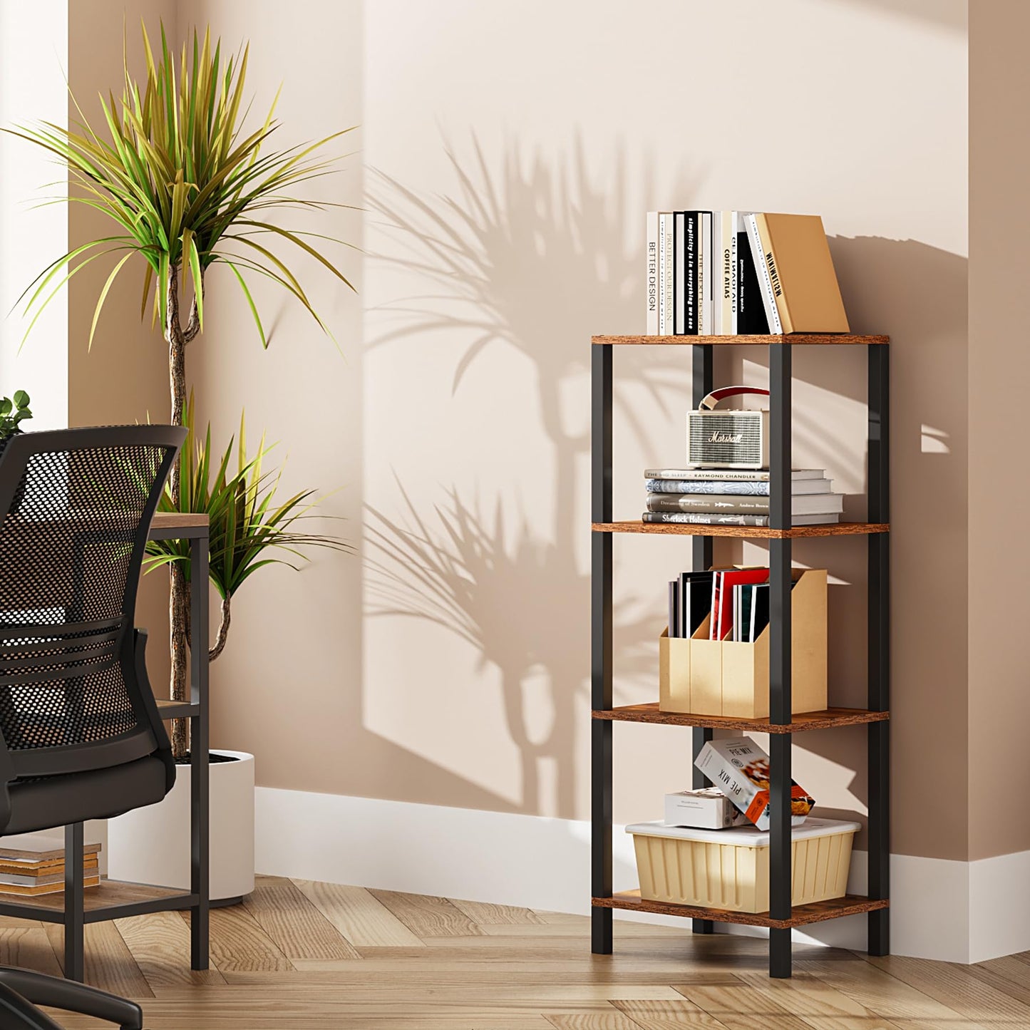 TUTOTAK 4-Tier Narrow Bookshelf for Small Spaces in Rustic Brown - WoodArtSupply